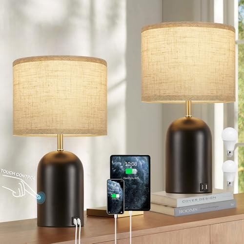 GyroVu Bedside Lamps with USB C+A Charging Ports, Table Lamp Touch Control Dimmable Modern Lamp for Bedroom Lamps for Night Stands with Fabric Shade for Living Room Office Dorm (LED Bulbs Included) - Image 1