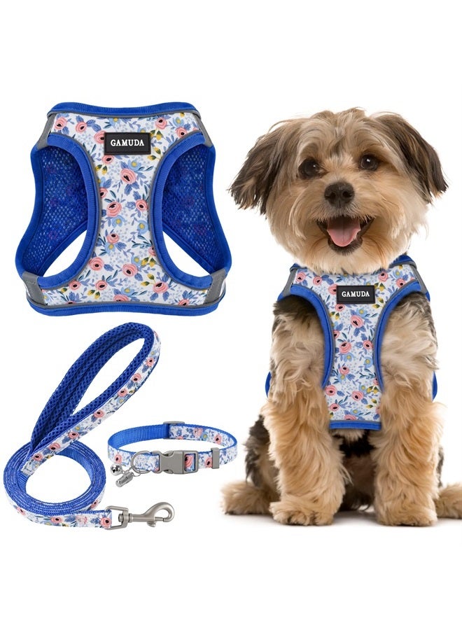 GAMUDA Small Pet Harness Collar and Leash Set, Step in No Chock No Pull Soft Mesh Adjustable Dog Vest Harnesses Plaid Reflective for Dogs Puppy and Cats Outdoor Training and Running (Blue Flower, S) - Image 1