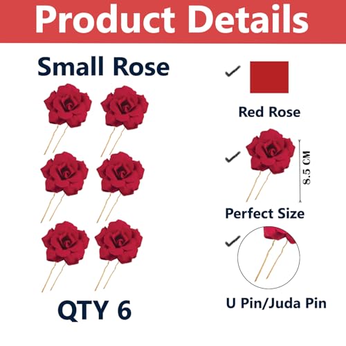 TEMPERIA (6pcs) Hair Accessories For Women & Girls - Bridal Brooch & Braid for Hairstyle of Bride, Wedding & Party - Stylish Red Rose Artificial Flowers Bun Juda U Pins & Clips for Style & Decoration - Image 2