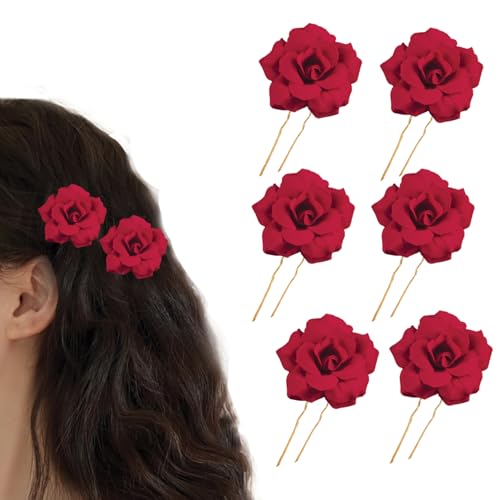 TEMPERIA (6pcs) Hair Accessories For Women & Girls - Bridal Brooch & Braid for Hairstyle of Bride, Wedding & Party - Stylish Red Rose Artificial Flowers Bun Juda U Pins & Clips for Style & Decoration - Image 1
