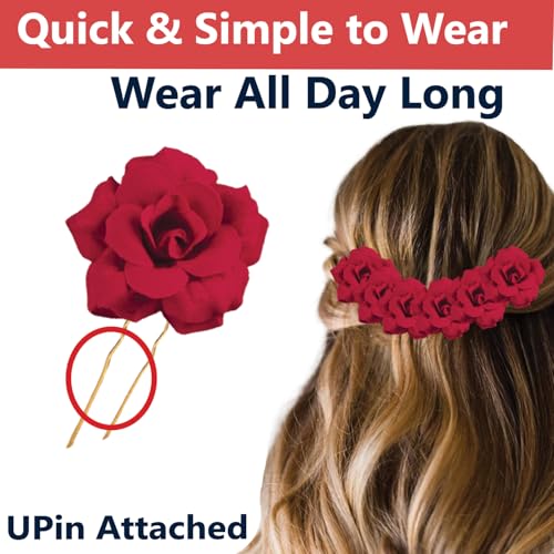 TEMPERIA (6pcs) Hair Accessories For Women & Girls - Bridal Brooch & Braid for Hairstyle of Bride, Wedding & Party - Stylish Red Rose Artificial Flowers Bun Juda U Pins & Clips for Style & Decoration - Image 4