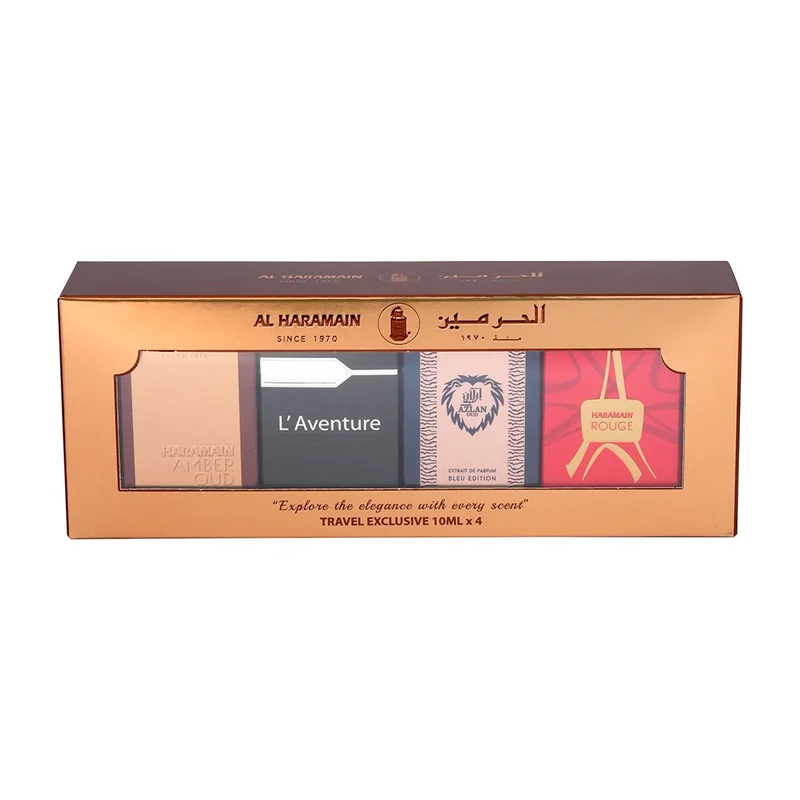 Al Haramain Al Haramain Travel Exclusive Perfume Gift Set 4 x 10ml EDP | Amber Oud Gold, L’Aventure, Azlan Bleu & Rouge | Unisex Luxury Mini Perfume Collection
