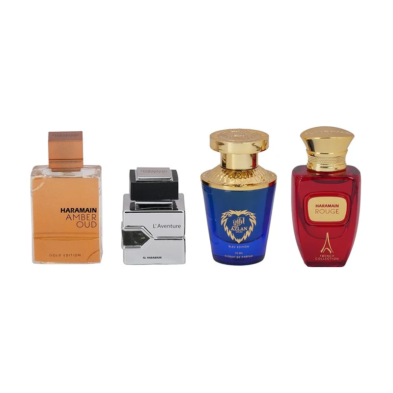 Al Haramain  Al Haramain Travel Exclusive Perfume Gift Set 4 x 10ml EDP | Amber Oud Gold, L’Aventure, Azlan Bleu & Rouge | Unisex Luxury Mini Perfume Collection  | Best Price UAE