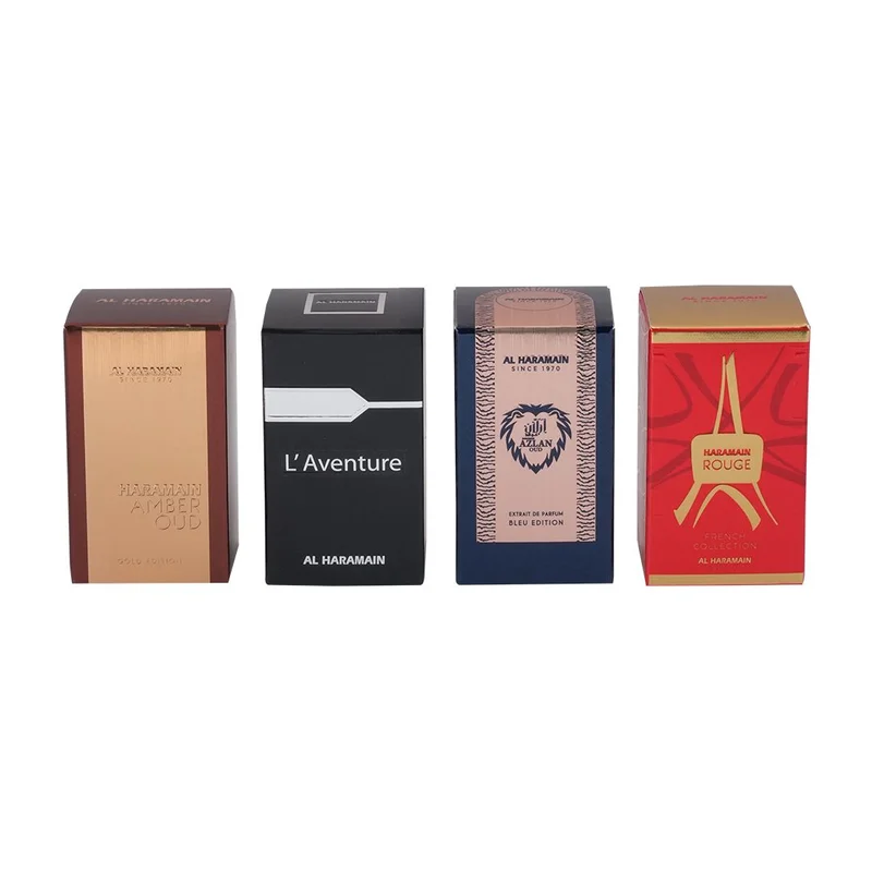 Al Haramain Al Haramain Travel Exclusive Perfume Gift Set 4 x 10ml EDP | Amber Oud Gold, L’Aventure, Azlan Bleu & Rouge | Unisex Luxury Mini Perfume Collection