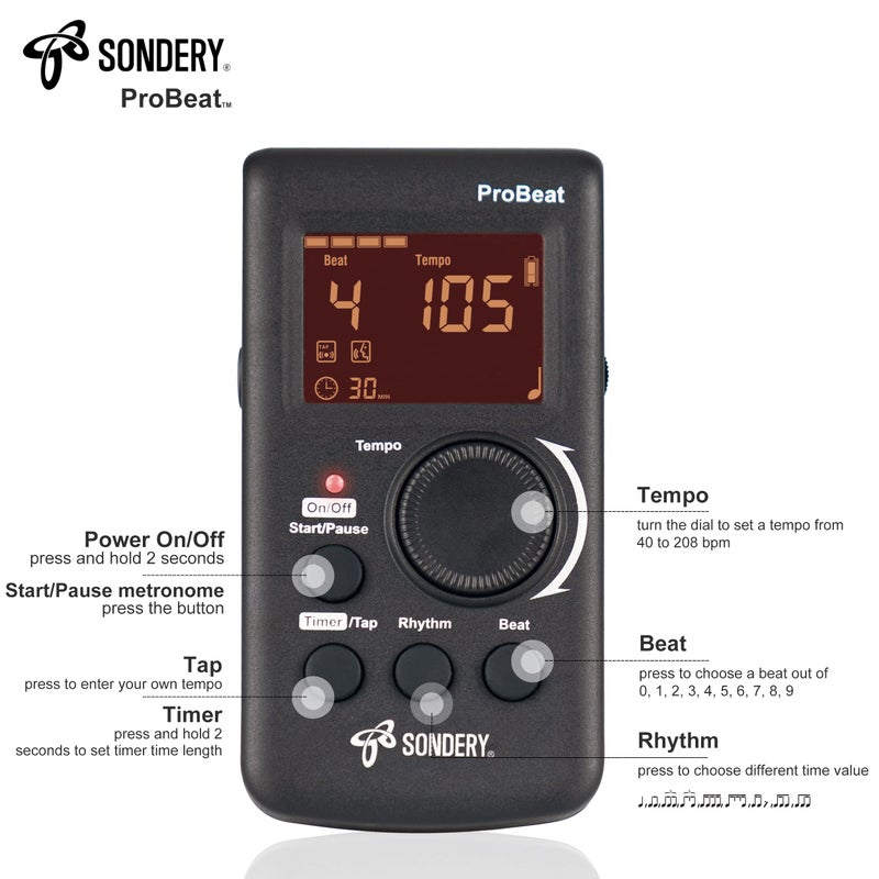 Sondery مترونوم رقمي سوندرى قابل لإعادة الشحن مع عدّ صوتي باللغة الإنجليزية ووظيفة المؤقت للبيانو والجيتار والطبول وجميع الآلات الموسيقية - Image 2