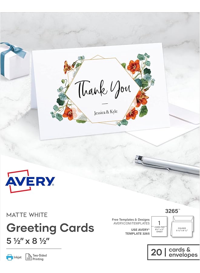 افيري بطاقات تهنئة قابلة للطباعة نصف مطوية 5.5 بوصة × 8.5 بوصة بيضاء غير لامعة 20 بطاقة فارغة مع مغلفات 3265 - Image 1