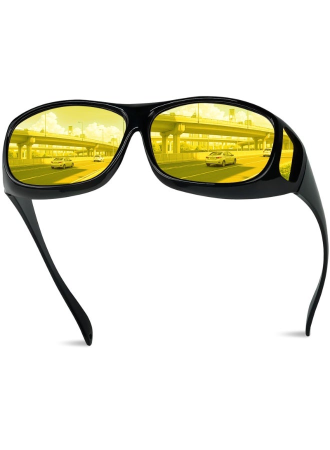 Night Driving Glasses Fit Over for Men Women, Anti Glare Polarized Night Vision Glasses, Wrap Around HD Yellow Lens - Image 1