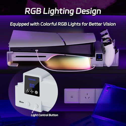 Hosanwell Slim Horizontal Stand Compatible with Slim Disc & Digital Version Dual Use Charging Station with Multi-Mode RGB Light with 3-Level Cooling Fan,White - Image 4