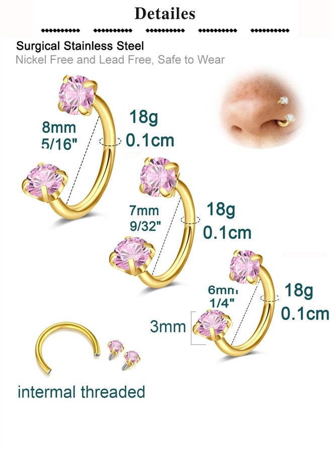 QWALIT 18g Gold Horseshoe Nose Ring for Women Surgical Steel Double Stud Gem Horse Shoe Nose Piercing Jewelry Half U Nostril Hoop Pink Labret Helix Daith Cartilage Piercing Jewelry 18gauge 6 7 8mm - Image 2