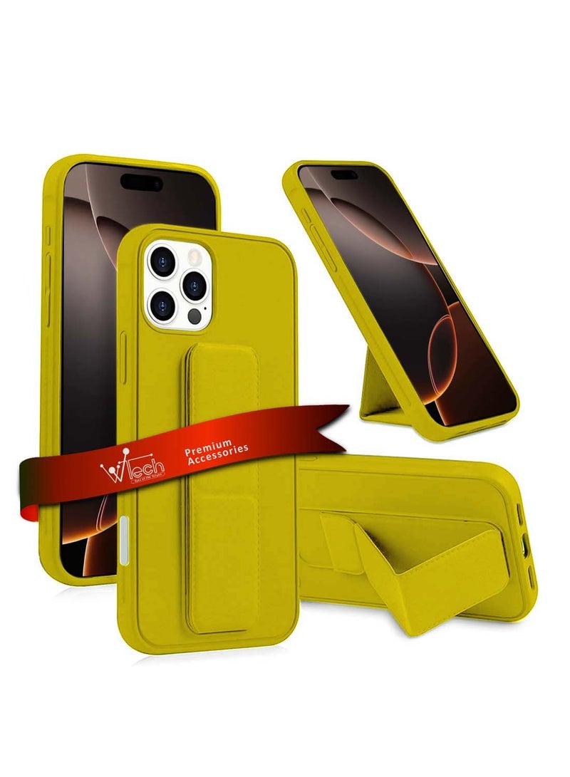 Wtech Apple iPhone 16 Pro Max 2024 Hand Grip Foldable Magnetic Kickstand Wrist Strap Finger Grip with Built-in Iron Case Cover - Yellow - Image 1