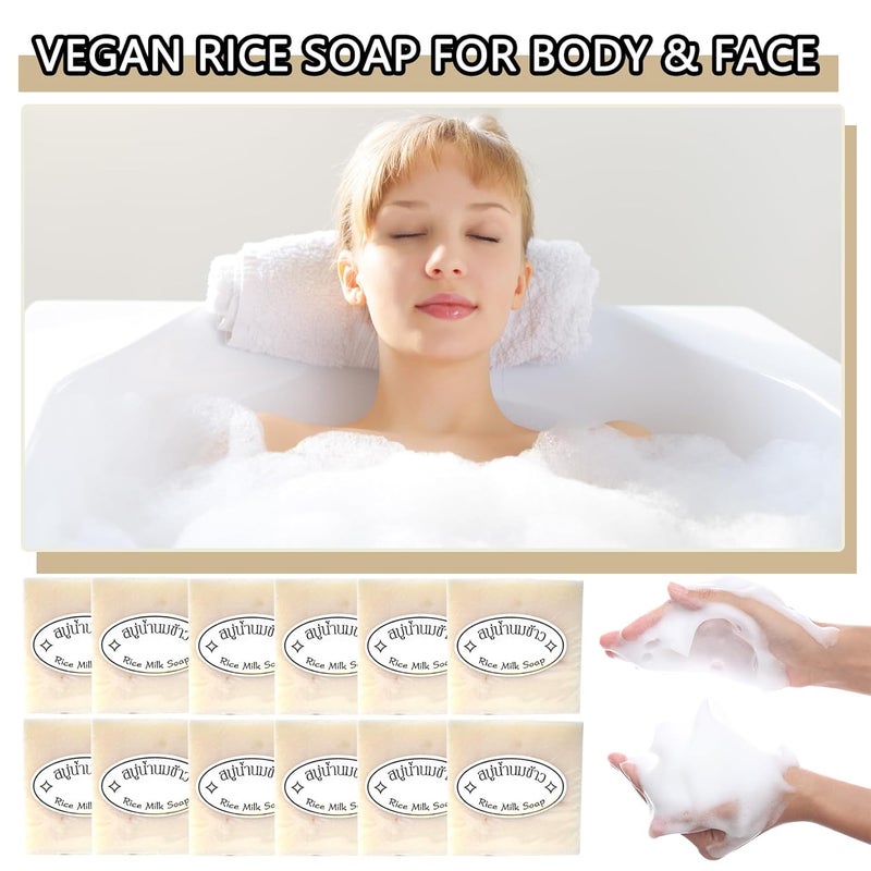 LJYBoBin 12PCS Vegan Rice Soap for Body FaceGentle Longlasting Moisturizing Rice Milk Soap for All Skin TypeDeep Cleaning Rice Handmade Soap Bar for Men Women - Image 2