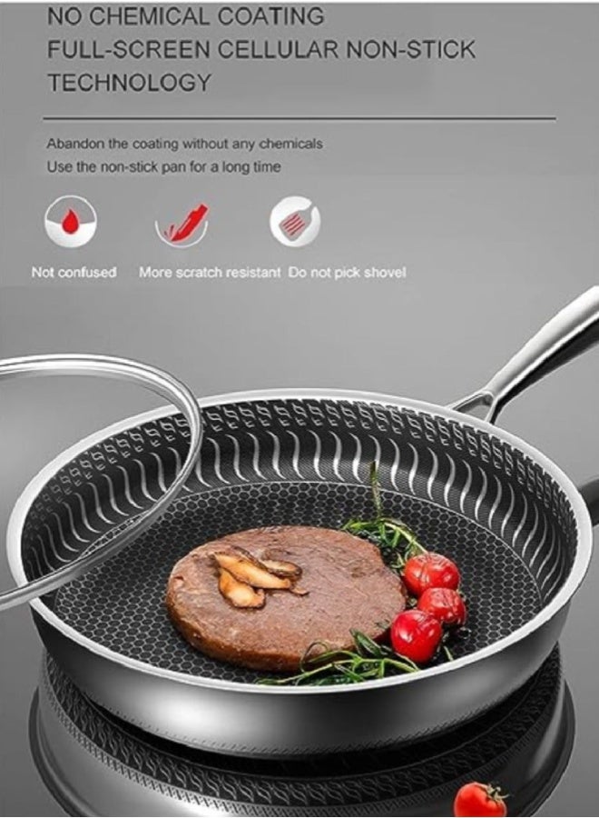 ارواق مقلاة غير لاصقة مع غطاء زجاجي – ووك ستانلس ستيل بسطح خلية نحل مزدوج مقاوم للخدش، مناسبة لجميع المواقد الغازية والكهربائية والحث الحراري (30 سم / 12 إنش) - Image 3