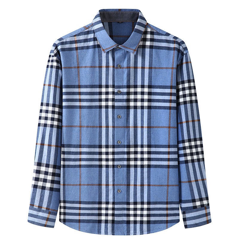 Fat Guy Autumn and Winter New Large Size Plus Fat Long-sleeved Shirt Mens Loose Casual Plaid Sanding Shirt Trendy Chubby Large Size Light Blue