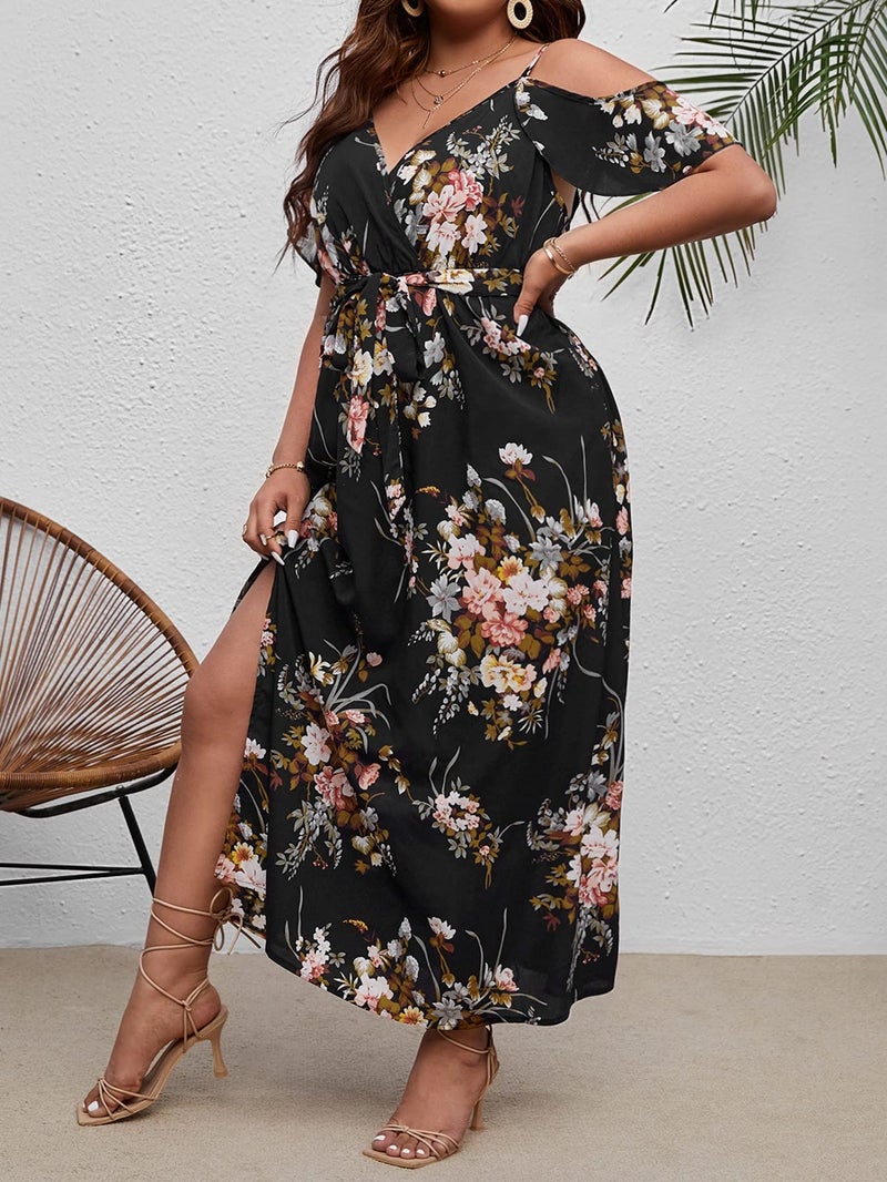 Floerns Women's Plus Size Cold Shoulder Short Sleeve Split Thigh Long Dress Black Flower - Image 3