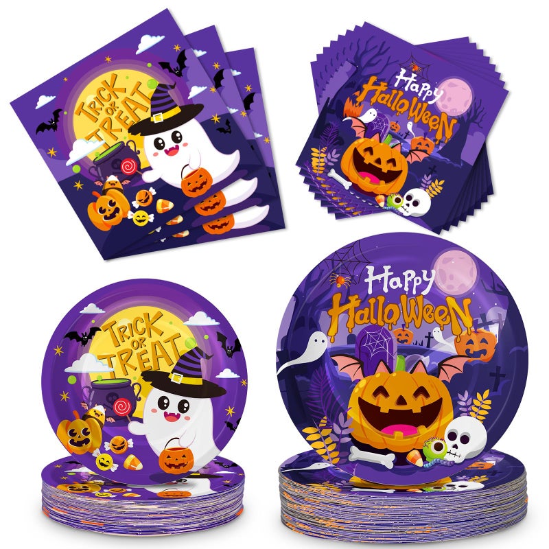PERFQU 150 Pcs Halloween Plates and Napkins Sets Cute Happy Halloween Party Supplies Tableware Halloweens Disposable Paper Plates Napkins Set for Halloweens Birthday Party Decorations Favors Serve 50 - Image 2