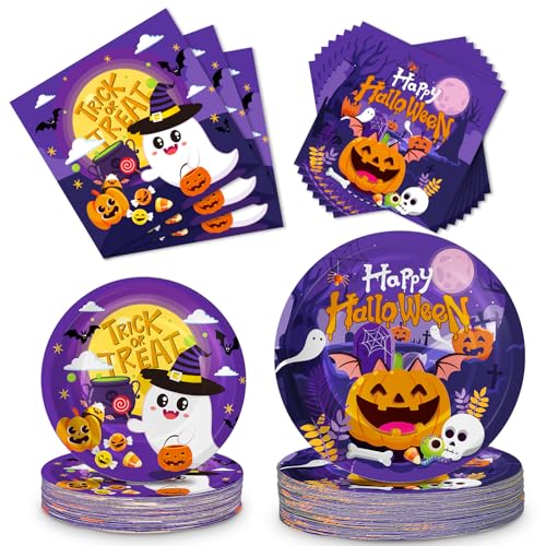 PERFQU 150 Pcs Halloween Plates and Napkins Sets Cute Happy Halloween Party Supplies Tableware Halloweens Disposable Paper Plates Napkins Set for Halloweens Birthday Party Decorations Favors Serve 50 - Image 1