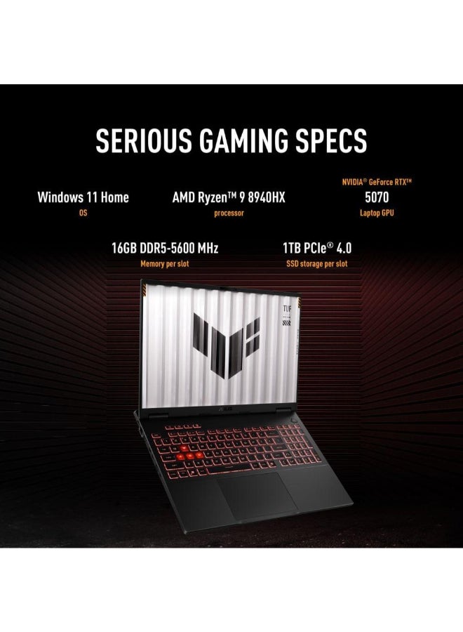 ASUS TUF A16 Gaming (2025) Laptop – AMD Ryzen 9-8940HX / 16inch WQXGA / 1TB SSD / 16GB RAM / 8GB NVIDIA GeForce RTX 5070 Graphics / Windows 11 Home / Jaeger Gray – [FA608PP-G1S161W] Grey - Image 3