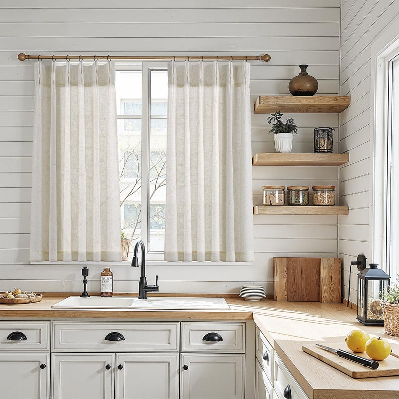 Fuhana Linen Kitchen Curtains,20 Inch Length Light Filtering Sheer Short Cafe Window Curtains Tier,Pinch Pleated Small Kitchen Drapes for Windows,2 Panels,(24" W x 20" L Natural) - Image 2