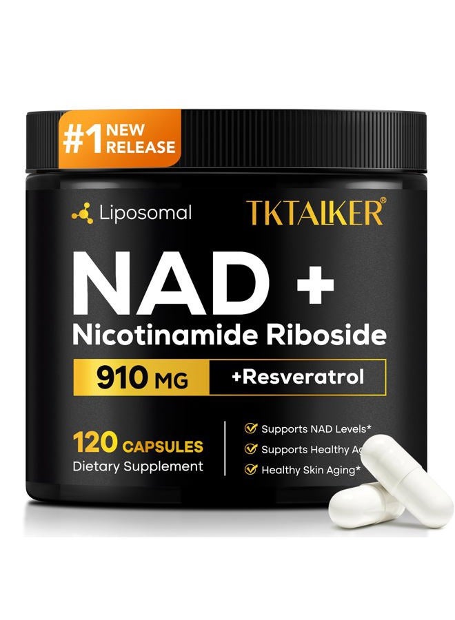 TKTALKER مكمل NAD، 910 ملغ نيكوتيناميد ريبوسيد ليبوزومي مع ريسفيراترول وكيرسيتين، مضاد للشيخوخة، طاقة خلوية، تركيز ذهني وقدرة على التحمل وصحة، للنساء والرجال، 120 كبسولة - Image 1