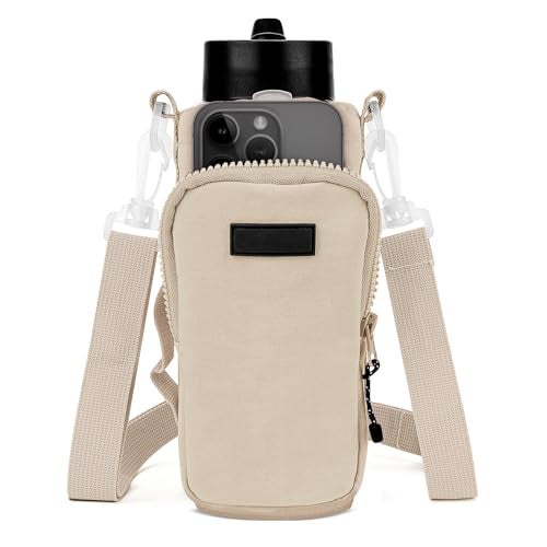 Linkidea Water Bottle Carrier with Strap Compatible with YETI Rambler Bottle 18oz26oz Owala FreeSip 24oz32oz Waterbottle Sling Bag Holder Shoulder Strap with Phone Pocket Beige - Image 1