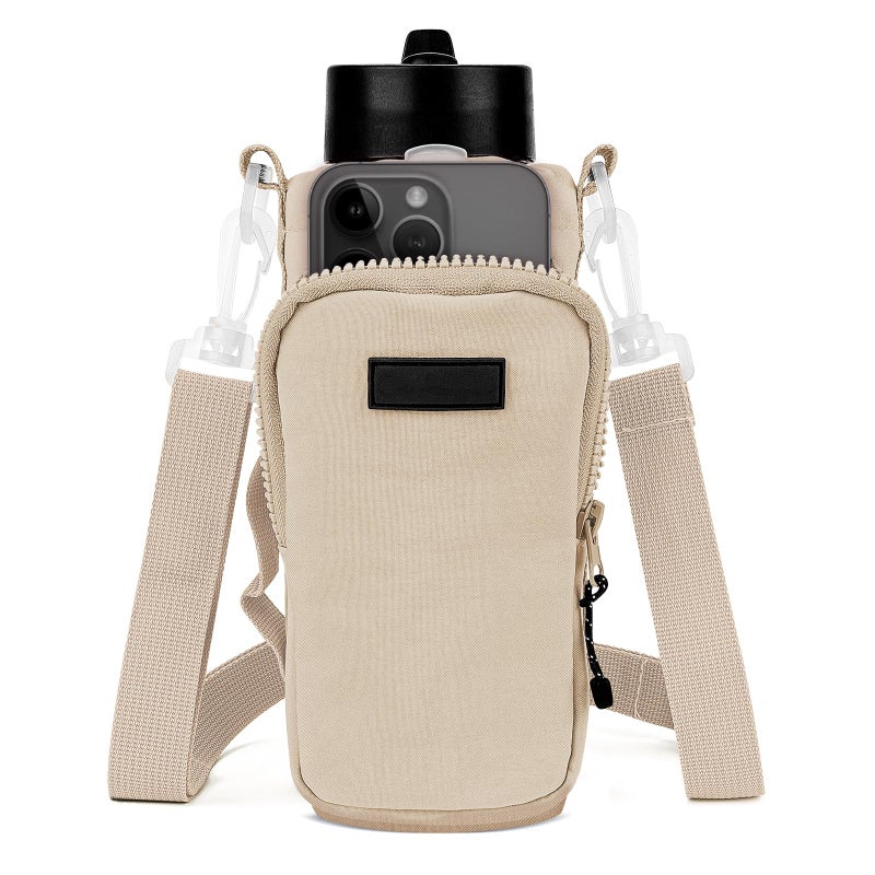 Linkidea Water Bottle Carrier with Strap Compatible with YETI Rambler Bottle 18oz26oz Owala FreeSip 24oz32oz Waterbottle Sling Bag Holder Shoulder Strap with Phone Pocket Beige - Image 2