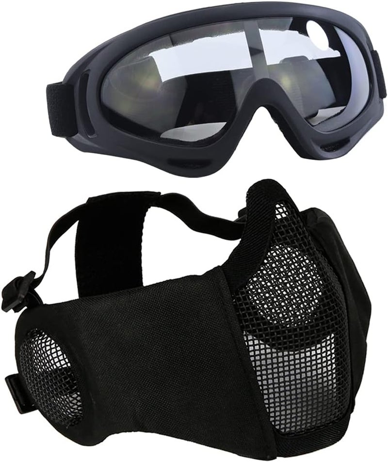 Aoutacc Airsoft Protective Gear Set, Half Face Mesh Mask with Ear Protection and Tactical Goggles for Adult Men Women BBS Paintball Shooting CS Survival Games Cosplay - Image 1
