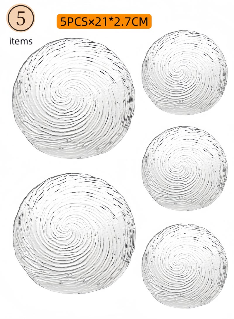 nihao 5-Piece Glass Plates Clear 21*2.7 cm,Lead-free Crystal Glass, Dessert, Salad, Appetizer Plate, Elegant Textured Glass Design, Stackable Plates For Special Occasion, Dishwasher Safe-Cyclone Style  - Image 1