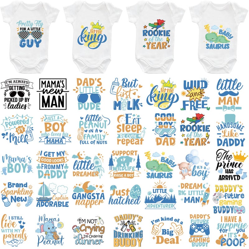 EoBeCy 36 Sheets Baby Shower Games Iron on Transfers for T-Shirts, Cute Baby Boy DTF Transfers Ready to Press Heat Transfers Vinyl, Iron on Patches Decals for Baby Clothes Bibs Bodysuit DIY Crafts - Image 1