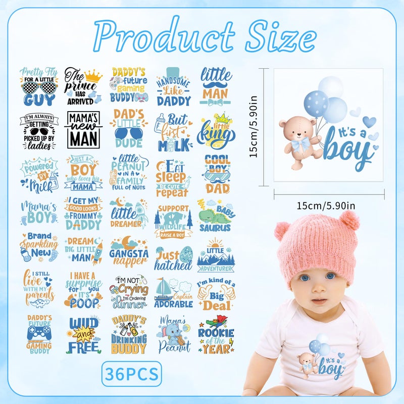 EoBeCy 36 Sheets Baby Shower Games Iron on Transfers for T-Shirts, Cute Baby Boy DTF Transfers Ready to Press Heat Transfers Vinyl, Iron on Patches Decals for Baby Clothes Bibs Bodysuit DIY Crafts - Image 2