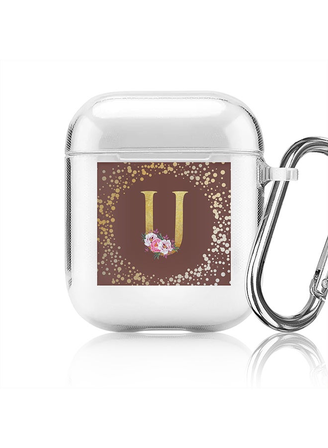Stylizedd Classic Clear printed Case for Apple Airpods 2 / 1 Soft TPU Gel Thin Transparent Flexible Cover - Custom Monogram Initial Letter Floral Pattern Alphabet - U (Brown ) - Image 1