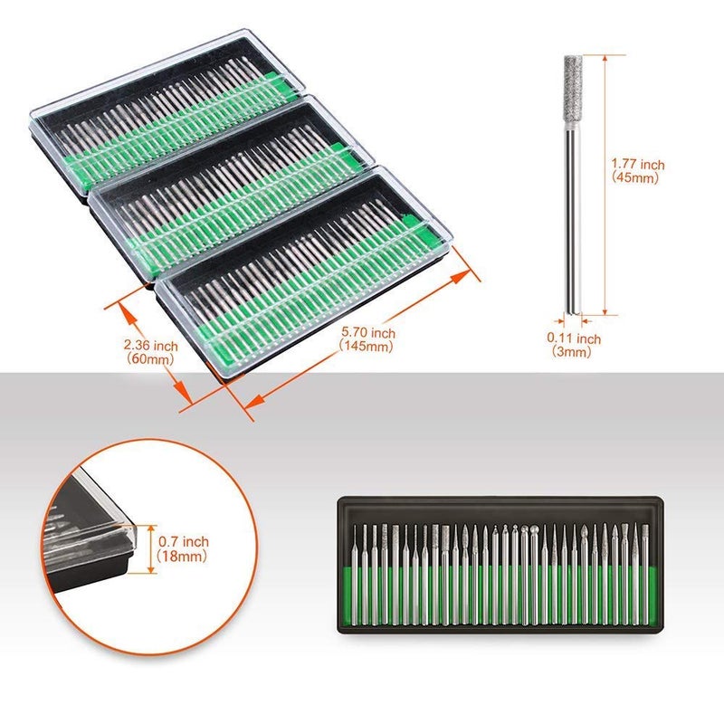 ZFE Diamond Burr Bits Drill Kit for Rotary Tool Metal Woodworking Router Grinding Engraving Carving- 1/8"(3mm) Shank Pack of 90Pcs/ 3 Sets - Image 1