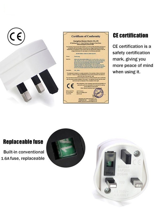 HOMESTAR UK Universal Travel Adapter Plug Converter,US/Europe/India/Italy/Switzerland to UK 2-Pin to 3-Pin Socket Adapter with 1.6A Fuse for Shaver Toothbrush,250W CE Wall Charger with Protection Door,White  - Image 3