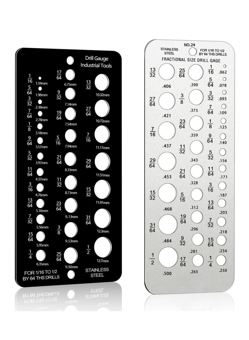 مقياس حجم مثقاب من الستانلس ستيل 2 قطعة مع 29 ثقب لقياس حجم المثاقب من 1/16 إنش إلى 1/2 إنش، أداة قياس المثقاب باللونين الفضي والأسود. - Image 1