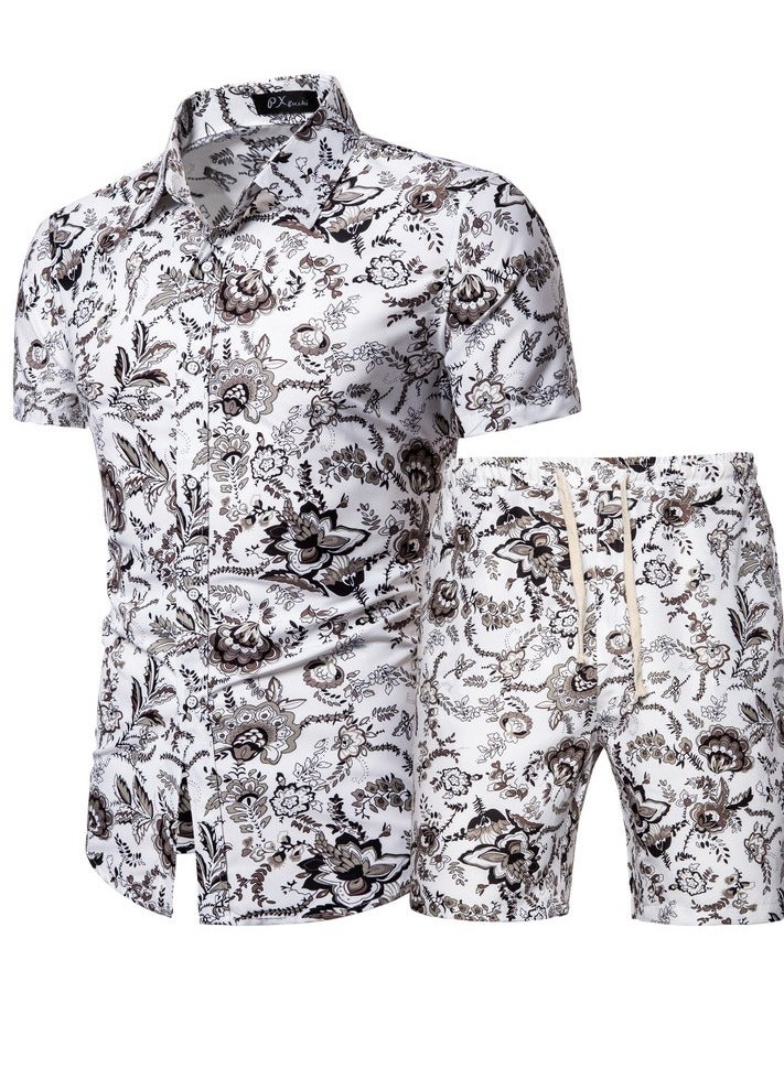 KUYING Men's Short Sleeved Shirt Set, Men's Casual Printed Shirt Shorts Two-piece Set 