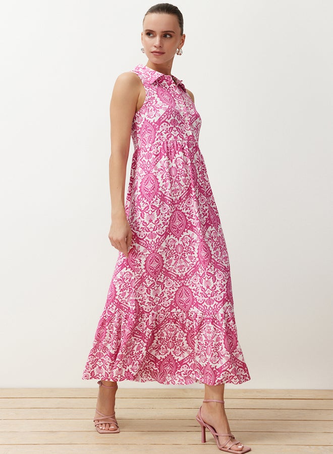 trendyol Pink Stretchy Printed A-Line/A-Line Button-Down Polo Neck Stretchy Maxi Knitted Dress - Image 2