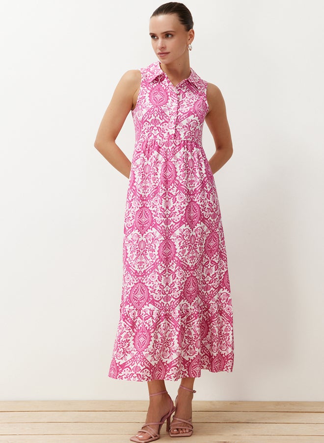 trendyol Pink Stretchy Printed A-Line/A-Line Button-Down Polo Neck Stretchy Maxi Knitted Dress - Image 1