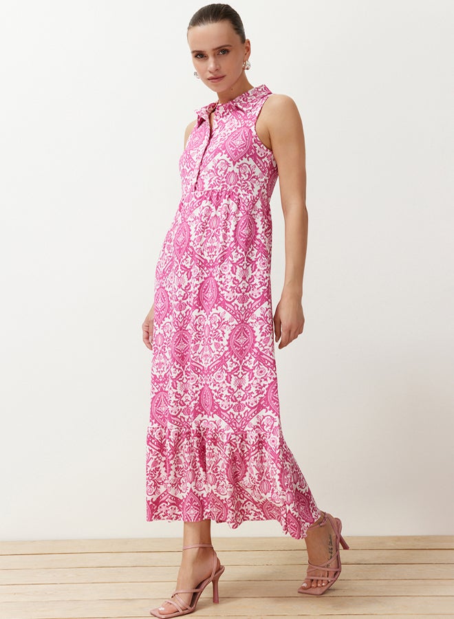 trendyol Pink Stretchy Printed A-Line/A-Line Button-Down Polo Neck Stretchy Maxi Knitted Dress - Image 3