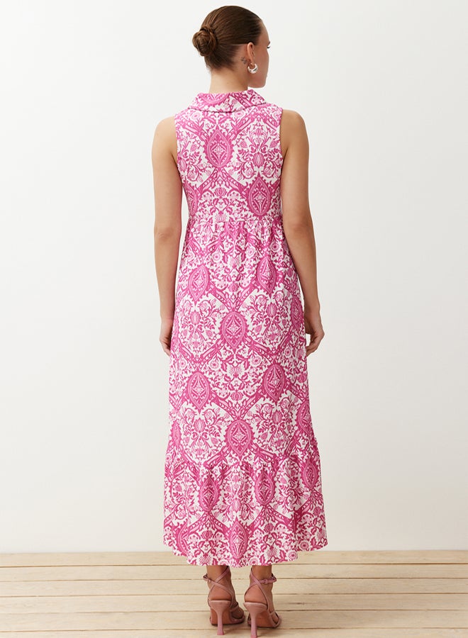 trendyol Pink Stretchy Printed A-Line/A-Line Button-Down Polo Neck Stretchy Maxi Knitted Dress - Image 5
