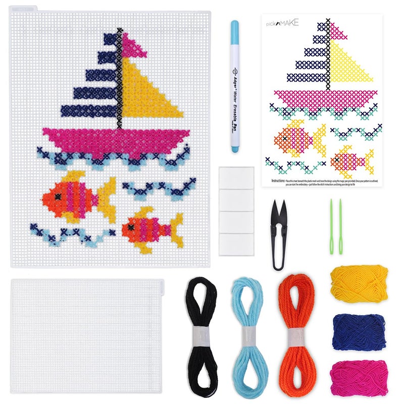 picknMAKE Cross Stitch Embroidery Kit For Beginners & Kids | DIY Learning & Hobby Craft Kit | Includes Plastic Mesh, Plastic Needle, Woolen Yarn, Design Sheet, Magic Pen & Instructions,Multicolor - Image 1