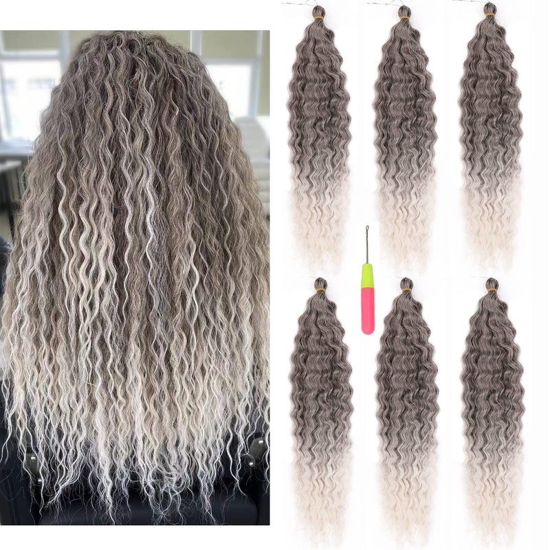 MAYSA Ombre Grey Curly Crochet Hair 22inch 6Packs Ocean Wave Crochet Hair Wavy Synthetic Hair Ombre Chocolate Brown Mix Ash Silver 456C