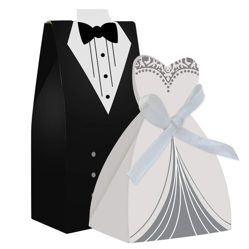 cnomg 100pcs Party Wedding Favor Dress & Tuxedo Bride and Wholesale Candy Favor Box, Creative Dress Gift Box Bow-knot Bonbonniere for Christmas Wedding Party Birthday Bridal Shower Decoration - Image 1