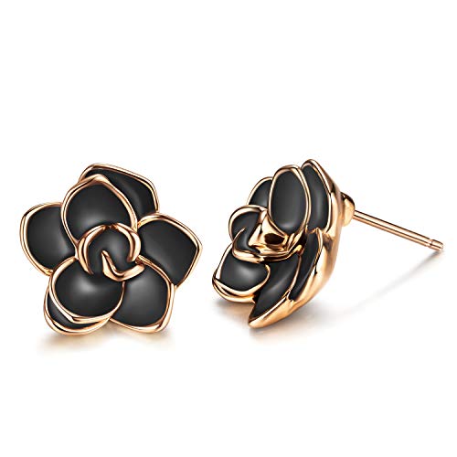 AllenCOCO Flower Stud Earrings Hypoallergenic for Women - 18K Gold Plated Rose Earrings for Sensitive Ears, Nickel Free (Large Black) - Image 1