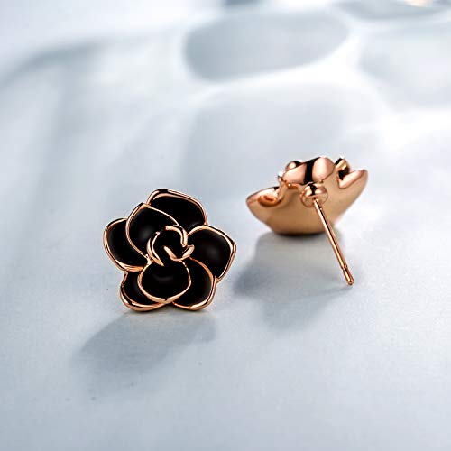 AllenCOCO Flower Stud Earrings Hypoallergenic for Women - 18K Gold Plated Rose Earrings for Sensitive Ears, Nickel Free (Large Black) - Image 2