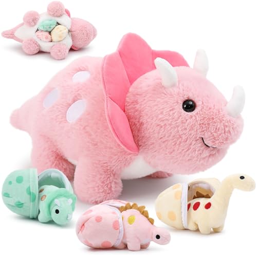 Karister 176in Pink Dinosaur Toys for Girls Mommy Dinosaur Stuffed Animal with 3 Baby Dino PlushTriceratops Stegosaurus and DiplodocusSmall Dino Plushies for Girls and BoysGifts for Kids - Image 1