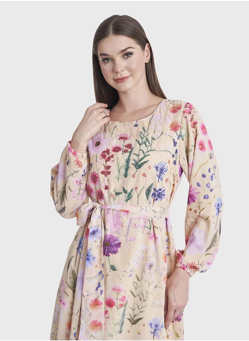 كشخة Floral Printed Beads Work Long Dress
