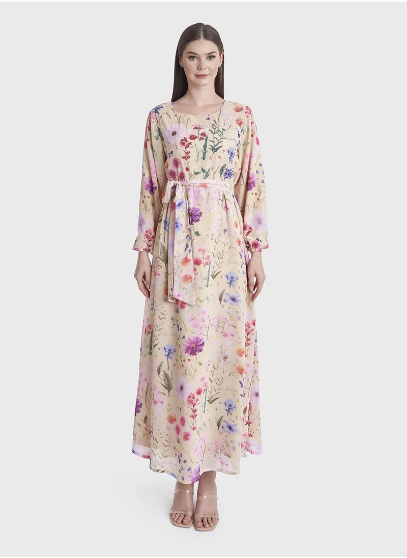 كشخة Floral Printed Beads Work Long Dress