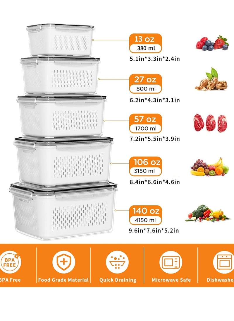 Raxoom 5Pcs Fridge Organizers and Storage with Removable Draining Colanders and Lid,Leakproof Fridge Organizer for Fruit Storage Containers,Food Vegetables Salad Berry Lettuce Meat Keeper Fresh  - Image 4