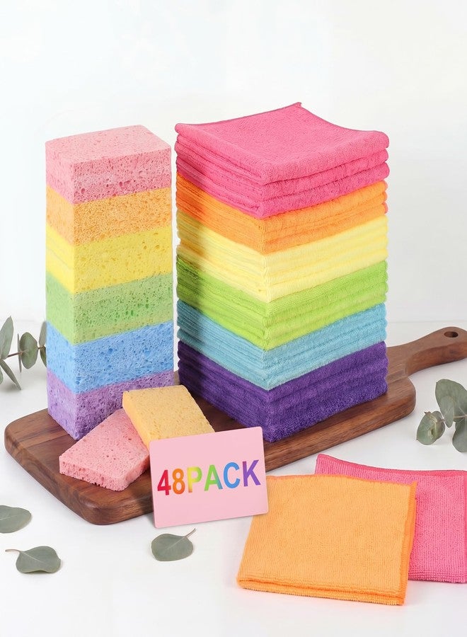 Yiyiring 48 Pcs Kitchen Sponges and Microfiber Cleaning Cloth Set 24 Non-Scratch Compressed Cellulose Sponge 24 Absorbent Microfiber Dish Rag Reusable Multicolored Wash Supplies for Home Kitchen Car - Image 1