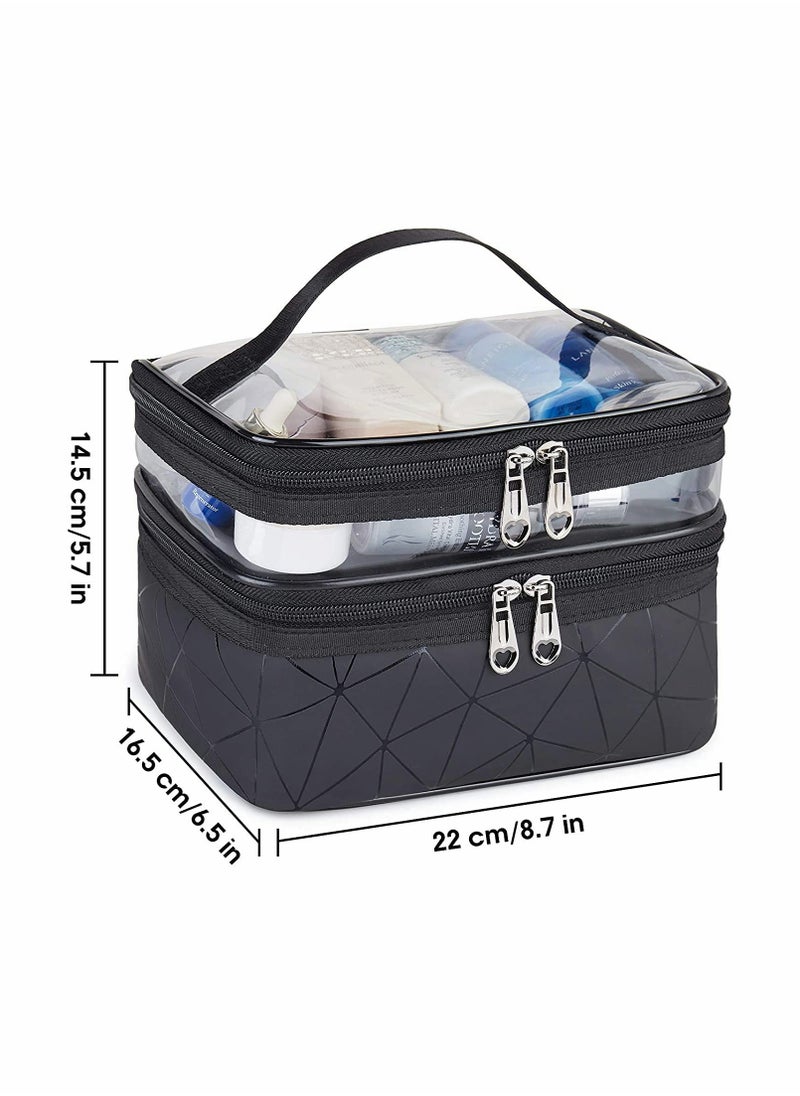 Excefore Travel Makeup Bag Organizer, Double Layer Large Cosmetic Bag, Clear Travel Cosmetic Case, Makeup Organizer for Lots of Brushes, Portable Toiletry Bag Water Resistant for Women Girl, Black  - Image 1