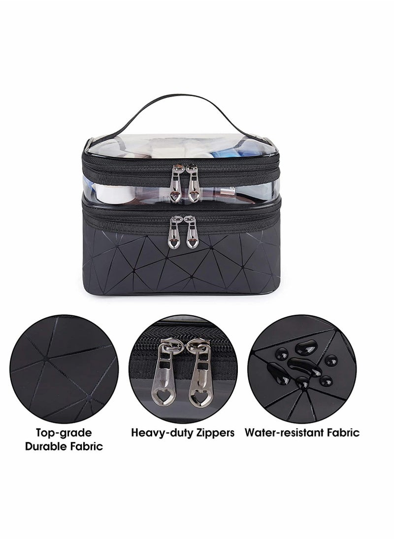 Excefore Travel Makeup Bag Organizer, Double Layer Large Cosmetic Bag, Clear Travel Cosmetic Case, Makeup Organizer for Lots of Brushes, Portable Toiletry Bag Water Resistant for Women Girl, Black  - Image 2